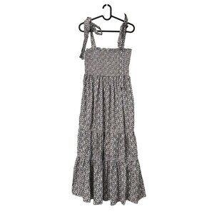 O.P.T One Pretty Time Navy Floral Smocked Tie Strap Tiered Midi Dress Large NEW